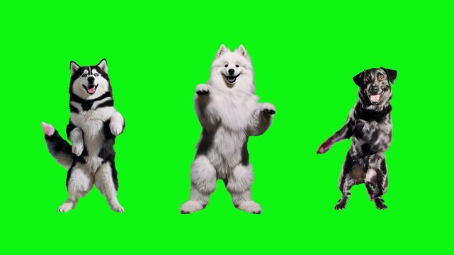 A large white fluffy dogs perform a fun dance routine on a bright green background. The clip is designed for easy compositing in children's content, music videos, or viral memes.