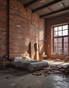 A room with exposed brick walls and partially renovated furniture lies in disarray amidst scattered construction materials, construction materials, exposed brick, renovation progress