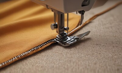 A sewing machine with a zipper inserted onto the fabric, close-up view, clothing, fabric, needle