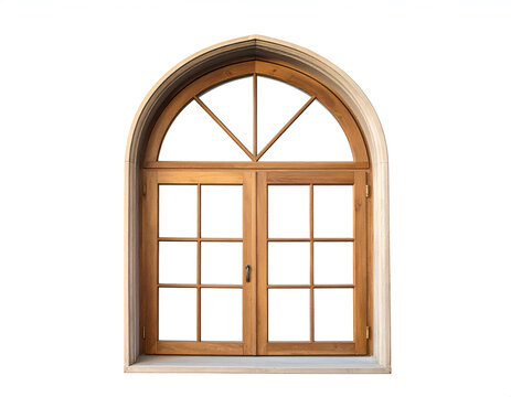 Arched wooden window with multi-pane double doors and transom