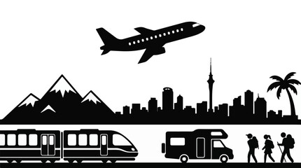 Travel and adventure concept with plane, train, RV, hikers, city and mountains © RAIXEL