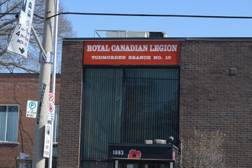 Naklejka premium exterior building and sign of Royal Canadian Legion Branch 10 located at 1083 Pape Av, East York, Toronto