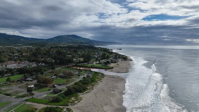 Aerial view of Carpinteria, small seaside city in southeastern Santa Barbara County, California. Located on the Central Coast of California. USA