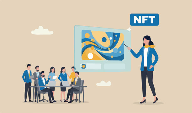 NFT non-fungible token, selling crypto art or painting as unique digital asset with cryptocurrency payment online bidding website, artist woman team painting beautiful digital canvas the word NFT