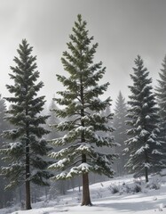 Fototapeta premium A three-season tree stands tall amidst snow-covered evergreen trees, its leaves a vibrant green against the monochrome landscape , evergreen, tree, snow