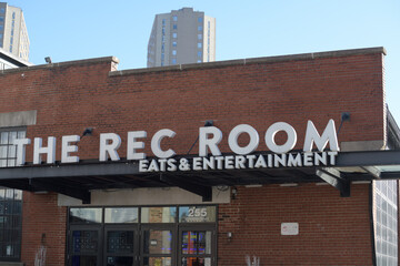 Naklejka premium sign over entrance to The Rec Room Eats & Entertainment, located at 255 Bremner Blvd, Roundhouse Park, Toronto