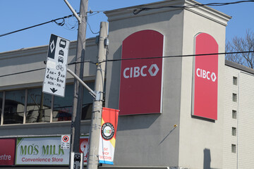 Naklejka premium Mos Milk Store and CIBC Branch with ATM at 1037 Pape Av, East York, Toronto