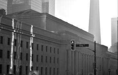 Naklejka premium black and white view of Union Station from Bay St and Front St W, Toronto