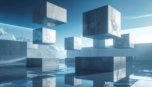 Abstract floating cubes in a modern setting with reflective surface