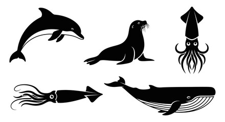 Obraz premium Marine Animals Silhouettes Collection: Dolphin, Seal, Squid, and Whale Graphic Icons