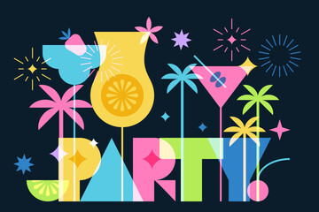 Obraz premium Party letters, cocktail glasses, palm trees. Vector design for beach nightlife, drinks menu, banner, flyer or poster