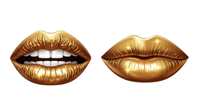 A pair of shiny gold lips on transparent background