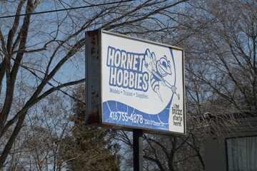 Naklejka premium roadside pylon ghost sign of Hornet Hobbies Inc once at 1563 O'Connor Dr, East York, Toronto