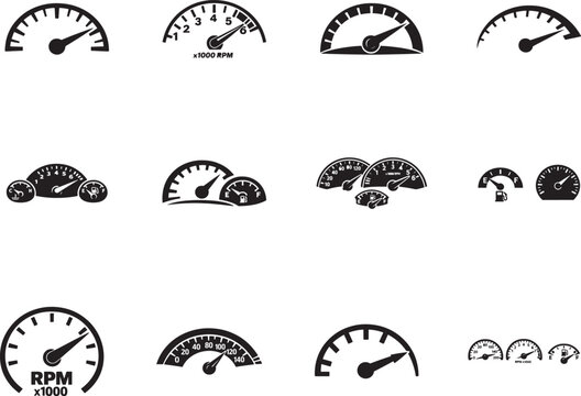 Speedometer gauge vector icon set with car dashboard meters for speed, fuel, RPM and tachometer display.