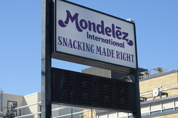 Naklejka premium roadside pylon sign at Mondelēz Canada Inc, a manufacturer, at 5 Bermondsey Rd, near O'Connor Dr, East York, Toronto