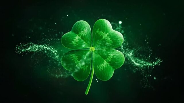 Four leaf clover with sparkling green particles on dark background