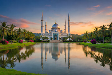 Naklejka premium Beautiful Landscape mosque Islamic background Mosque, Sunset Mosque Reflection, Oasis, Travel, Serenity, Eid India
