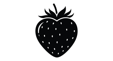 A striking black silhouette of a ripe strawberry with small seeds and green leaves above silhouette high quality professional © Asikder02