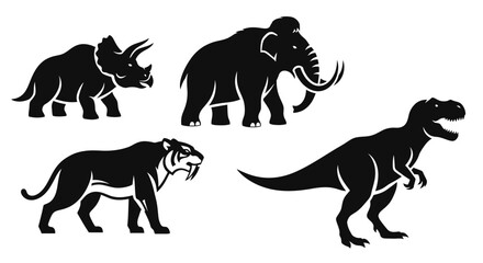 Naklejka premium Prehistoric animal silhouettes: Triceratops, Mammoth, Saber-toothed Tiger, T-Rex icons