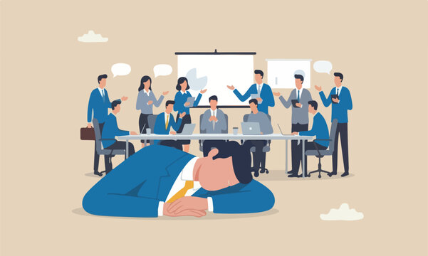 Quiet quitting pillars together boredom, exhaustion or burn out from hard work without recognition concept, unhappy businessman sleeping while working at busy workplace.