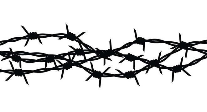 A stark black and white depiction of barbed wire stretches across the frame creating a harsh boundary silhouette high quality professional