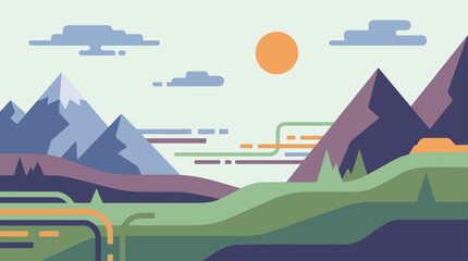 Fototapeta premium Abstract minimalist landscape illustration with mountains, sun, and stylized hills
