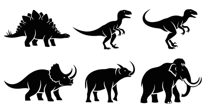 Prehistoric Animals Silhouettes Set: Dinosaurs and Mammoths Collection