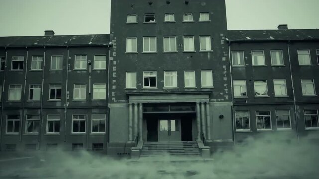A wide shot of a grey, imposing Brutalist style concrete building under a flat sky. This atmospheric 3D render is ideal for historical documentaries, spy thrillers, or architectural visualizations of 