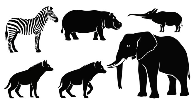 Wild African Animals Silhouettes Collection: Elephant, Zebra, Hippo, Hyena, Aardvark
