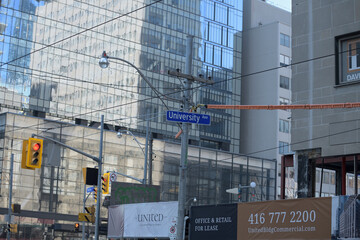 Naklejka premium looking northwest from Dundas St W at University Av including (at right) The United Bldg Condos, Toronto