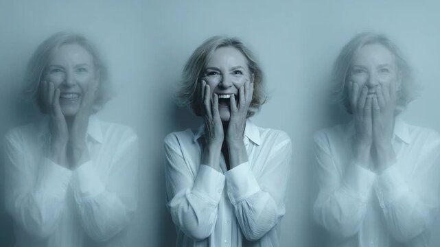 Senior woman laughing hysterically holding face in hands, emotional mental health concept with blurred duplicate