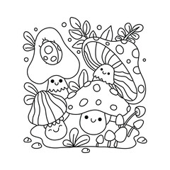 Fototapeta premium Cute cartoon mushrooms forest coloring page vector illustration for children and adults, whimsical woodland scene with happy fungi plants and leaves, adorable nature art