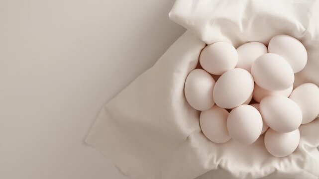 Fresh white chicken eggs are piled gently on a bright, textured white fabric, prepared for baking or a morning meal.