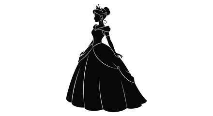 A regal princess stands in an elegant gown her detailed hairstyle and dress creating a striking silhouette high quality © Nupur02