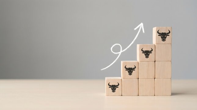 Bull market growth concept with wooden blocks and upward arrow representing stock market rise, economic expansion, trading success and bullish financial trend.