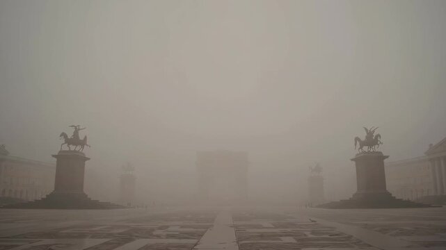 A large, classical palace or government building is barely visible through a dense layer of gray mist and smog. This atmospheric scene conveys a sense of mystery, isolation, or high pollution.