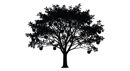 A striking black silhouette of a lush full tree with numerous rounded fruits hanging from its branches silhouette © Nupur02