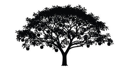 A striking black silhouette of a lush full mango tree with numerous fruits hanging from its branches silhouette © Nupur02