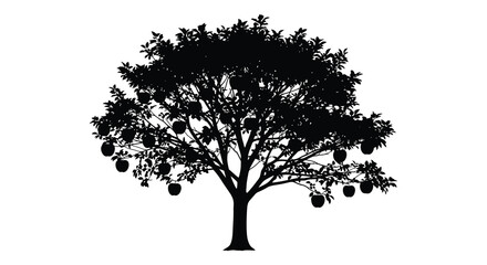 A dark detailed silhouette of a mature tree with rounded foliage and plentiful fruit a striking silhouette high quality © Nupur02