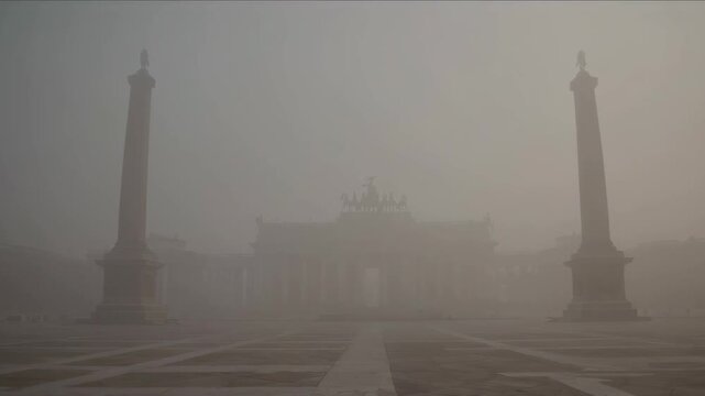 A large, classical palace or government building is barely visible through a dense layer of gray mist and smog. This atmospheric scene conveys a sense of mystery, isolation, or high pollution.