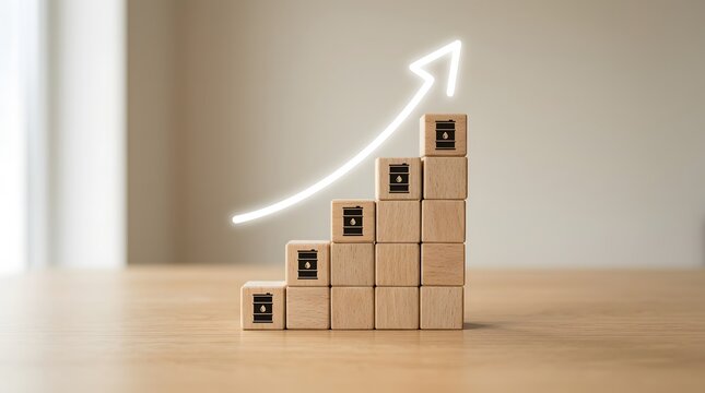 Oil price increase concept with wooden block chart and upward arrow, energy market growth, petroleum industry trend, fuel price rise and global energy economy concept