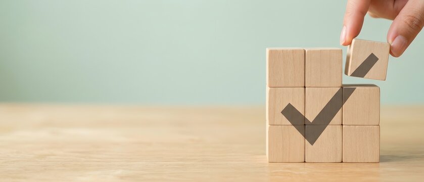 Quality assurance approval concept with wooden blocks forming a check mark, business verification, quality control, certification approval and successful validation concept