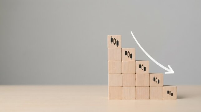 Stock market decline concept with wooden blocks forming a downward chart and arrow, bearish trend, financial loss, economic downturn and investment risk visualization