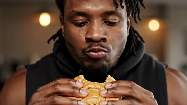 Man enjoying delicious burger in cozy atmosphere. He takes first bite and savors flavor. Food experience creates joyful mood and highlights culinary enjoyment.