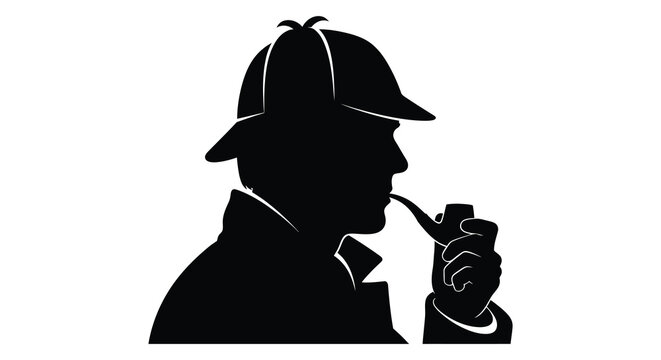 A striking black silhouette depicts a detective with a deerstalker hat and pipe embodying classic mystery imagery silhouette