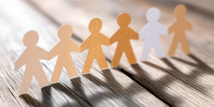 Paper figures represent unity and connection while standing together on a wooden surface