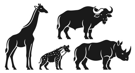 African Wildlife Silhouettes: Giraffe, Buffalo, Hyena, and Rhinoceros Vector Icons