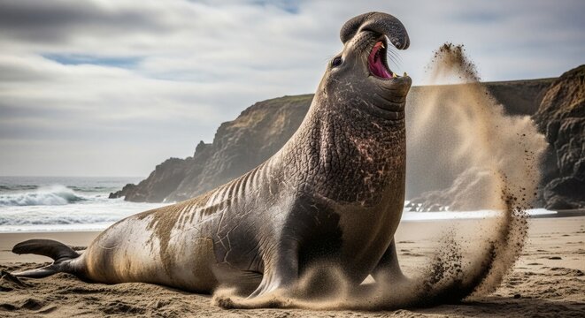 A large elephant seal lies on a sandy beach, opening its mouth and slapping its tail in a dramatic display.