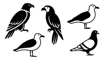 Obraz premium Bird silhouettes collection: eagle, parrot, seagull, pigeon vector icons