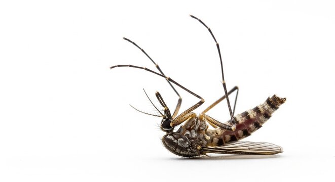 Dead mosquito lies on surface with broken wings and legs